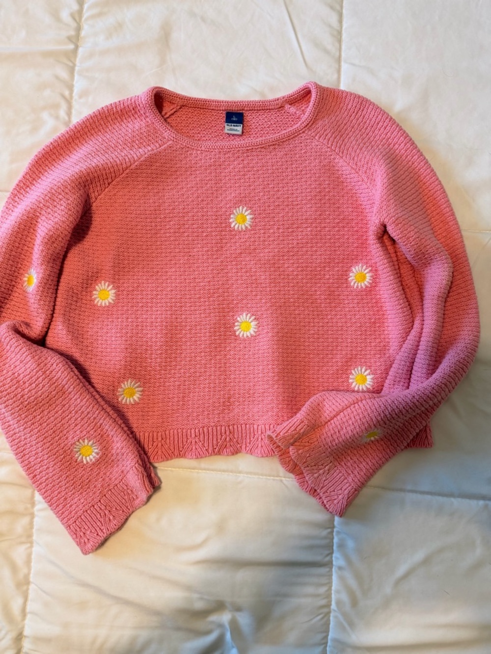 Old Navy Pink Daisy Knit Bell sleeve crochet sweater